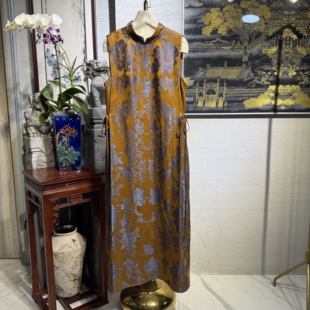 长款 蓝大原创女装 真丝香云纱大码 端庄立领无袖 连衣裙5522 新中式