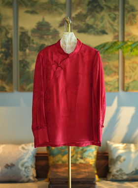 蓝大原创女装新中式喜庆回门红色龙凤呈祥提花宽松长袖上衣7235