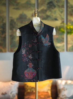 蓝大原创女装国潮重工瓷器刺绣立领黑色百搭真丝香云纱马甲5327