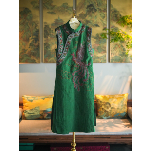 蓝大原创女装 连衣裙5473 高级感绿色凤凰刺绣真丝香云纱立领无袖