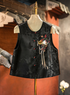 蓝原创女装高级感黑色显瘦重工刺绣亮片圆领桑蚕丝国潮马甲5549