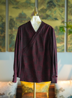 蓝大原创女装日常简约古红色v领长袖真丝香云纱宽松显瘦上衣5441