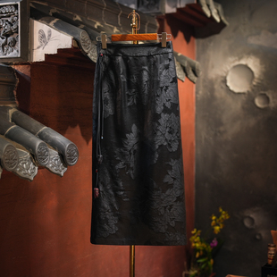 蓝大原创女装 复古流苏高腰显瘦真丝香云纱黑色半身裙5662 新中式