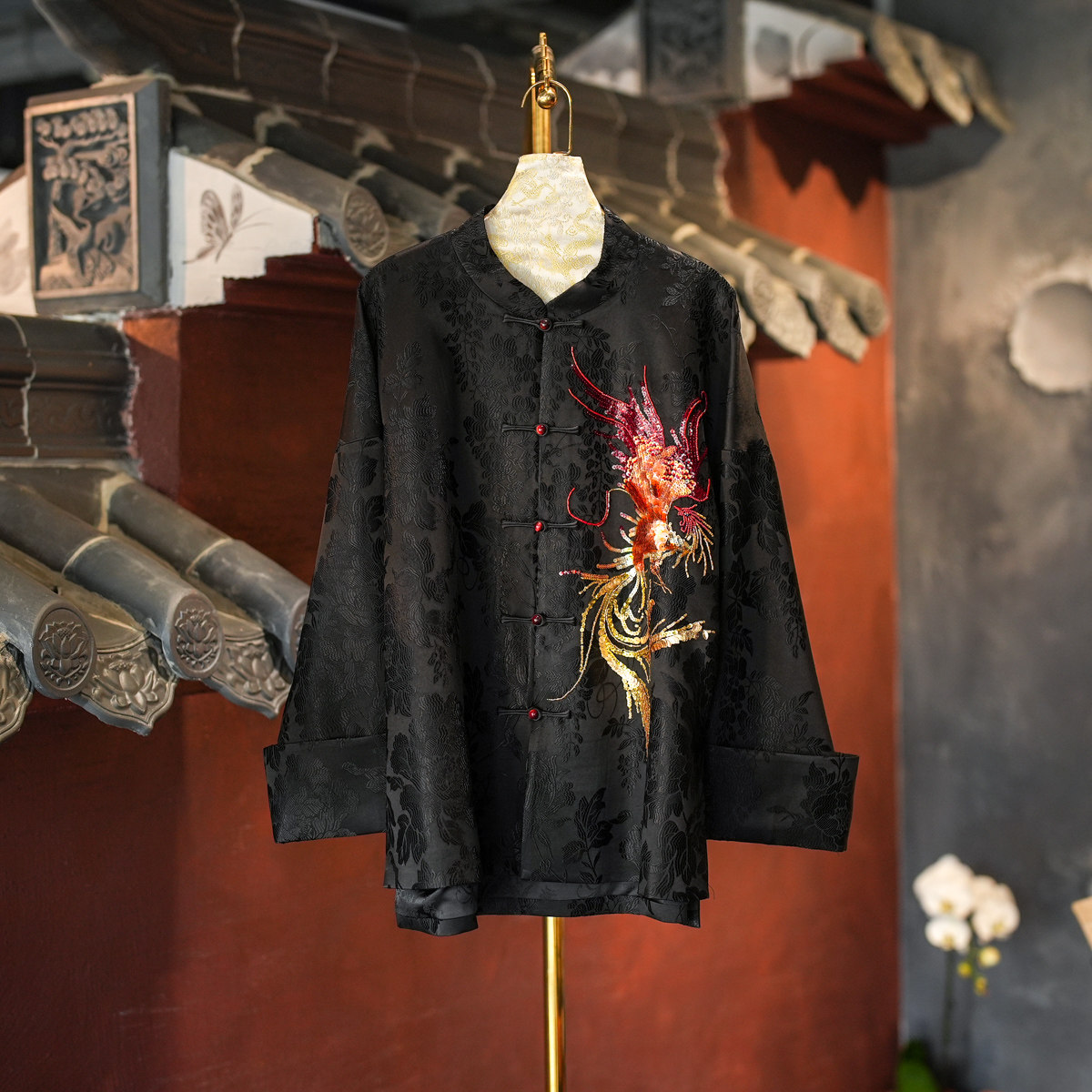 蓝大新中式真丝亮片刺绣黑色外套