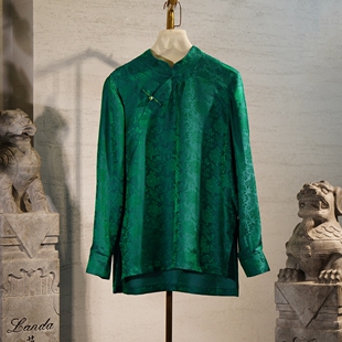 蓝大高端复古立领桑蚕丝大码 绿色上衣6030 长袖