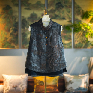 蓝大原创女装 彩金凤凰刺绣单排扣立领真丝香云纱马甲5470 新中式