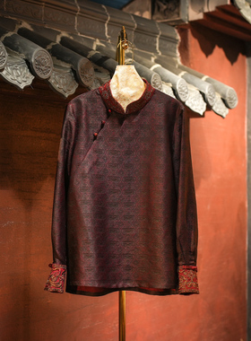 蓝大原创女装新中式斜襟盘扣立领真丝香云纱宽松显瘦长袖上衣5732