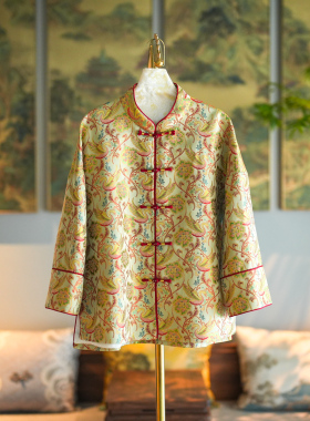 蓝大原创女装高级感黄色立领单排扣大码长袖桑蚕丝国风外套5232