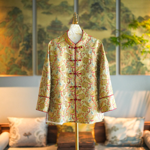长袖 桑蚕丝国风外套5232 高级感黄色立领单排扣大码 蓝大原创女装