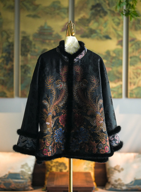 蓝大原创女装凤穿牡丹刺绣水貂毛拼接桑蚕丝加绒保暖黑色外套5581