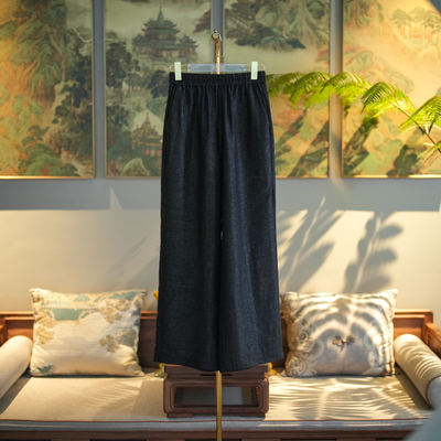 蓝大裤子黑色香云纱直筒阔腿
