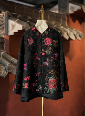 蓝大原创女装超仙蝴蝶花朵刺绣单排扣黑色立领老缎桑蚕丝外套5755