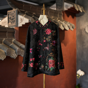 蓝大原创女装 超仙蝴蝶花朵刺绣单排扣黑色立领老缎桑蚕丝外套5755