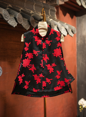 蓝大原创女装新中式经典黑色立领不对称人丝章绒百搭宽松马夹5719