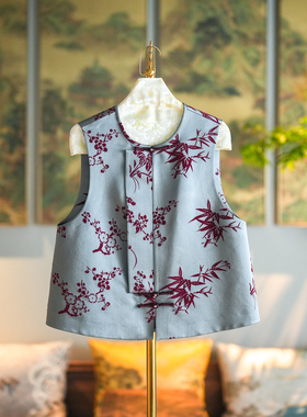 蓝大原创女装国风梅兰竹章绒单排扣圆领大码桑蚕丝灰色马甲5271