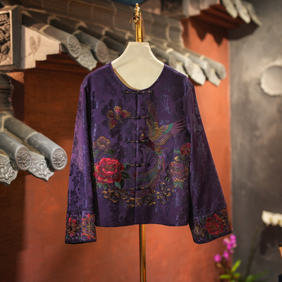 蓝大国风桑蚕丝花朵刺绣紫色外套