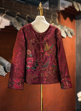 蓝大原创女装新中式凤穿牡丹刺绣圆领大码真丝香云纱红色外套5822