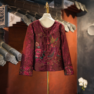 凤穿牡丹刺绣圆领大码 真丝香云纱红色外套5822 新中式 蓝大原创女装