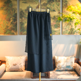 5318 黑色显瘦长裤 蓝大原创女装 国潮日常人丝拼接欧根绡高腰阔腿裤