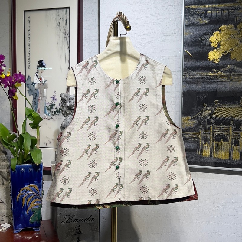 蓝大原创女装设计圆领单排扣宽松百搭桑蚕丝蜀锦双面穿马甲5173