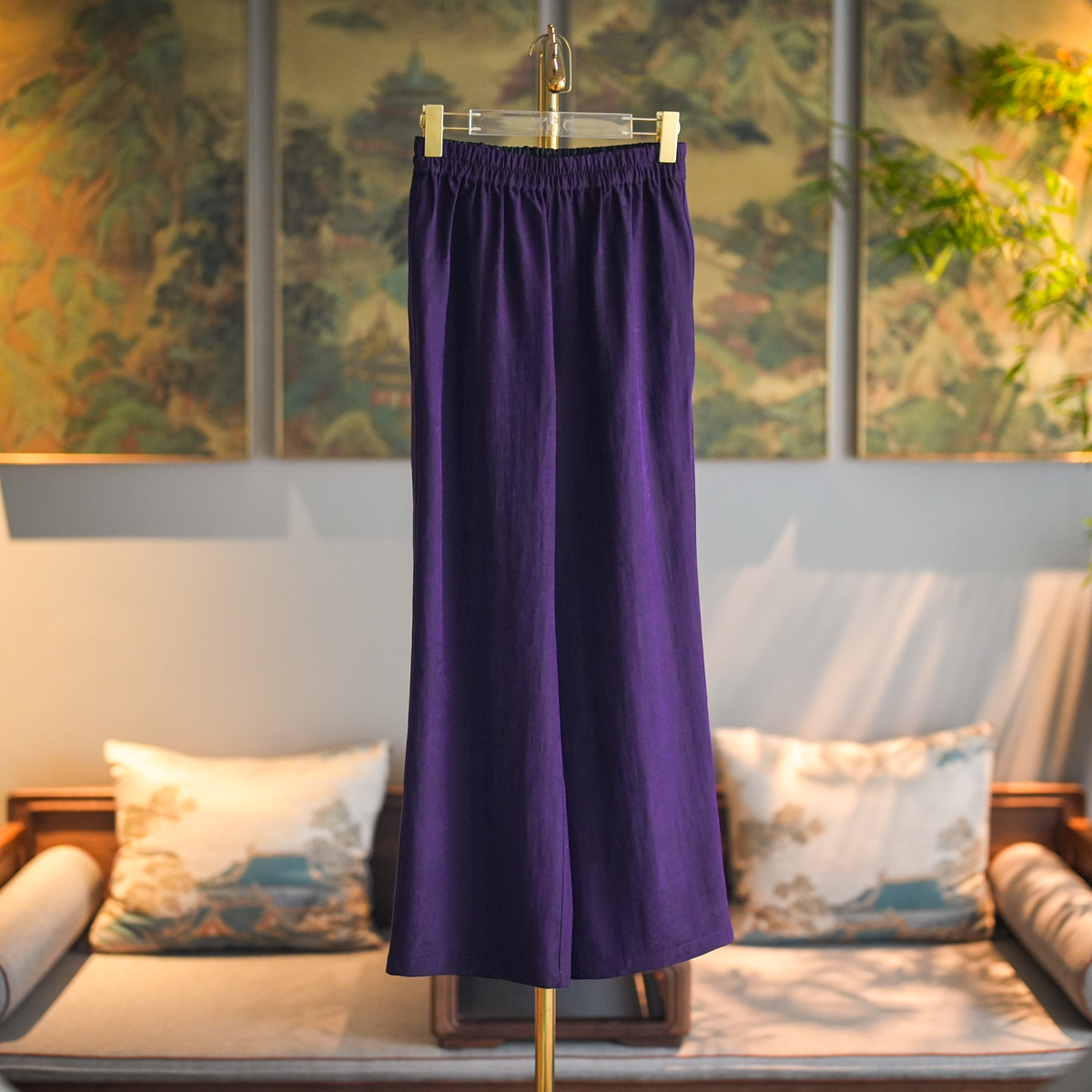 蓝大简约紫色桑蚕丝显瘦阔腿长裤