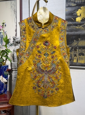 蓝大原创女装新中式朱雀刺绣胖mm遮肉真丝龟裂纹金色无袖上衣5425