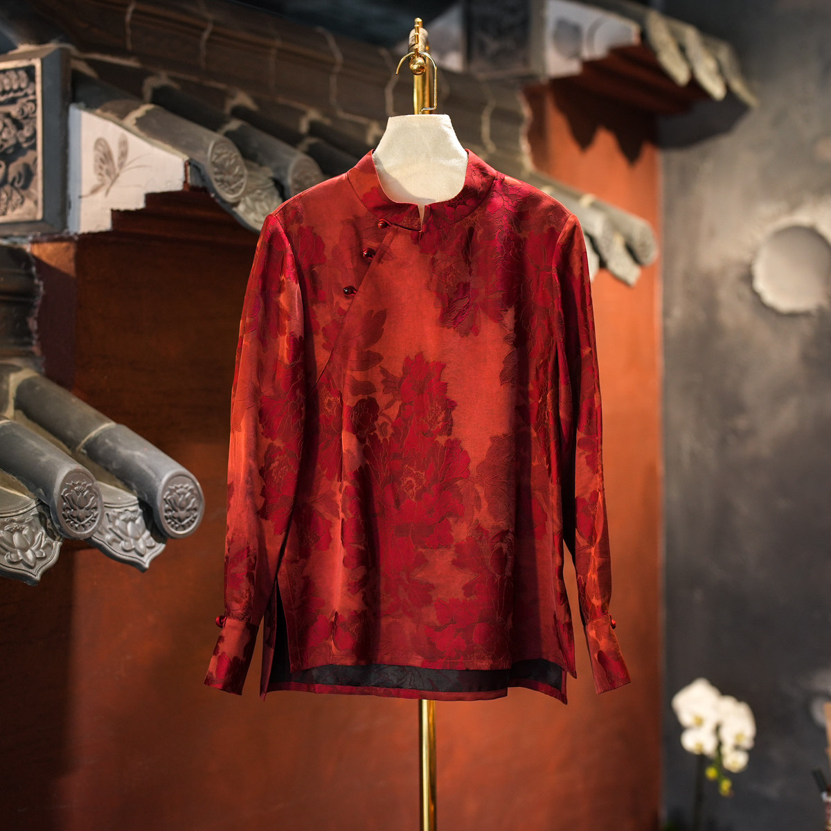 蓝大桑蚕丝2025秋长袖红色上衣