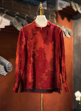 蓝大原创女装中国风折枝牡丹立领长袖真丝香云纱喜庆红色上衣5813