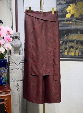 蓝大原创女装新中式红色高腰显瘦直筒阔腿裤真丝香云纱裙裤7677