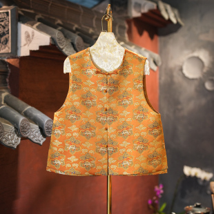 蓝大原创女装 桑蚕丝宋锦马甲5839 高级感金色圆领单排扣国风大码