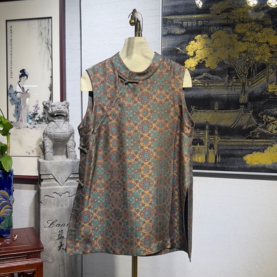 蓝大桑蚕丝2025夏宋锦无袖上衣