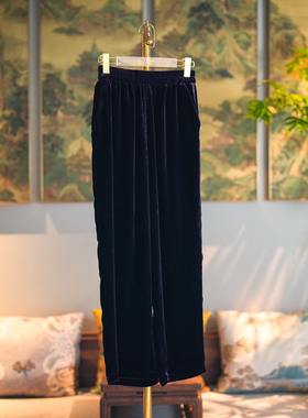 蓝大原创女装日常休闲松紧腰垂感桑蚕丝丝绒紫色阔腿长裤5387