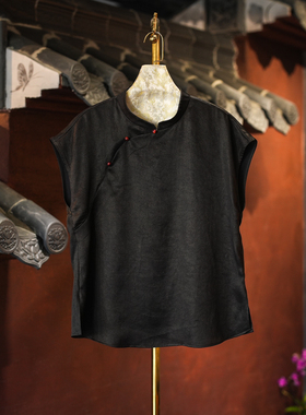 蓝大原创女装新中式经典黑色显瘦立领斜襟盘扣桑蚕丝短袖上衣5882