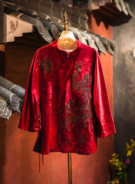 蓝大原创女装高级感喜宴红色凤凰刺绣真丝香云纱国风端庄上衣5610