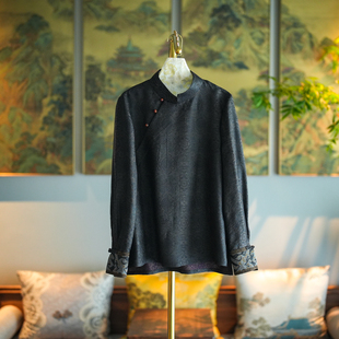 蓝大原创女装 黑色显瘦真丝香云纱国风上衣5431 复古宝相花立领长袖