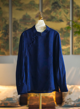 蓝大原创女装复古斜襟盘扣立领长袖真丝香云纱宽松蓝色上衣5556