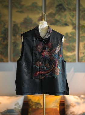 蓝大原创女装中国风重工刺绣立领桑蚕丝黑色宽松百搭马甲外套5564