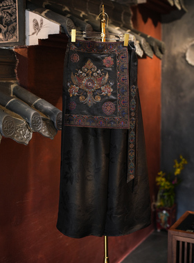 蓝大原创女装民族风重工刺绣拼接真丝香云纱黑色显瘦阔腿长裤5606