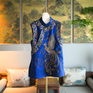 蓝大原创女装 中长蓝色上衣5457 国潮凤凰刺绣真丝龟裂纹立领无袖