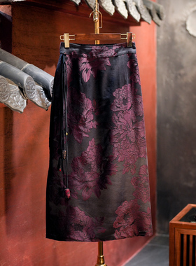 蓝大原创女装新中式通勤松紧高腰流苏真丝香云纱过膝半身裙5599