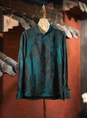 蓝大原创女装复古斜襟盘扣真丝香云纱立领长袖显瘦绿色上衣5835