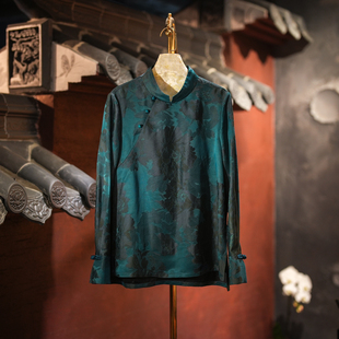 蓝大原创女装 显瘦绿色上衣5835 复古斜襟盘扣真丝香云纱立领长袖