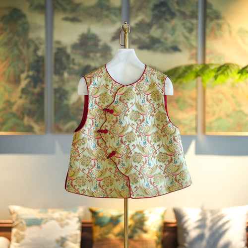 蓝大新中式圆领金色圆领无袖马甲