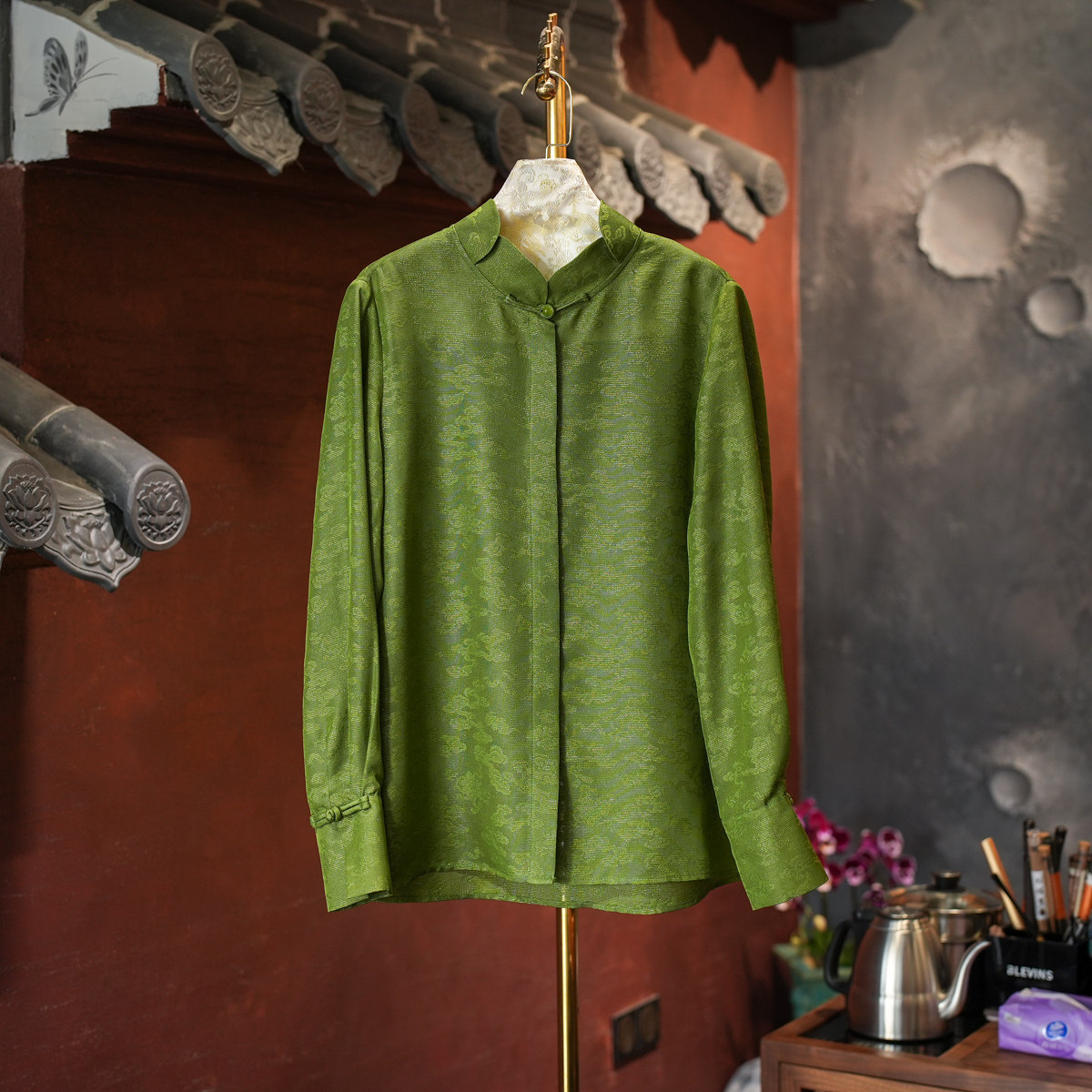 蓝大原创女装日常单排暗扣立领长袖桑蚕丝绿色显白衬衫上衣4054