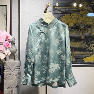 蓝大原创女装复古斜襟盘扣立领长袖真丝冠乐绉宽松天青色上衣7536