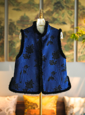 蓝大原创女装新中式蓝色立领单排扣宽松植绒桑蚕丝百搭马甲5335