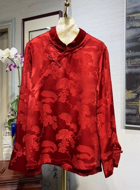 蓝大原创女装喜宴红色趣味松鼠葡萄宽松长袖真丝冠乐绉上衣5495