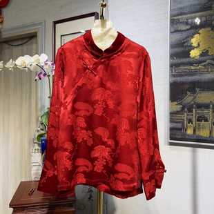 蓝大原创女装 真丝冠乐绉上衣5495 喜宴红色趣味松鼠葡萄宽松长袖