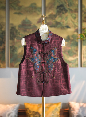 蓝大原创女装复式喜宴红色单排扣重工刺绣立领真丝香云纱马甲5526