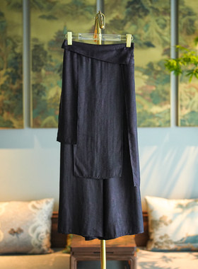 蓝大原创女装新中式紫色真丝香云纱高腰显瘦阔腿裤休闲裙裤7632